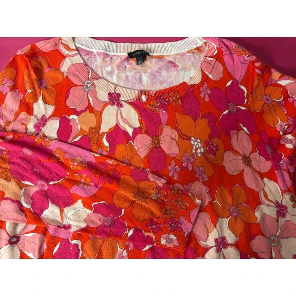 TALBOTS Womens Red Pink Floral Long Sleeve Sweater Sz L Hippie Retro Light-Knit